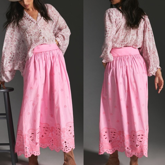 Anthropologie Dresses & Skirts - Anthropologie Farm Rio Eyelet Maxi Skirt Pink New Size XS ANTHRO Summer Resort